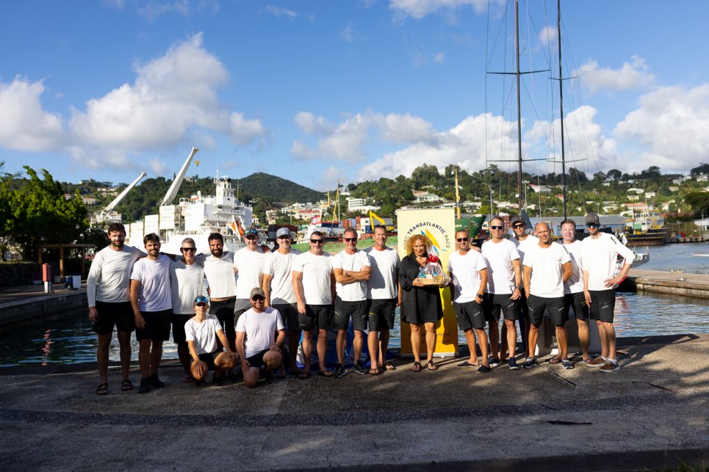 The whole team of Swan 115 Jasi is welcomed to Grenada by Petra Roach, CEO Grenada Tourism Authority © Arthur Daniel/RORC