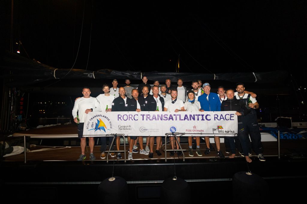 Smiles all round from the team on the Swan 115 after finishing the first ever ocean passage on Jasi - "She has performed beyond our expectations," - said Toby Clarke dockside © Arthur Daniel/RORC