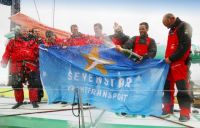 The crew of Volvo Open 70 Groupama after breaking the Records. Photo: Patrick Eden Photography
