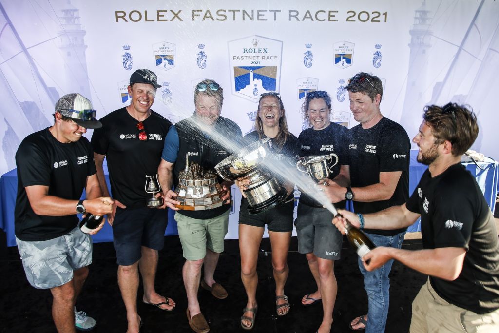 Tom Kneen and crew on his JPK 11.80 Sunrise - jubilant after winning the Fastnet Challenge Cup in the 2021 Rolex Fastnet Race © Paul Wyeth/pwpictures.com