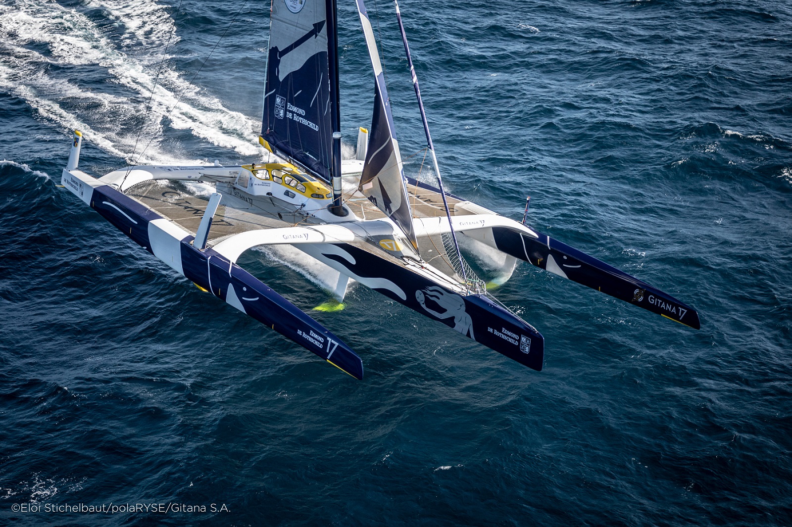 Team Gitana on Maxi Edmond de Rothschild saw an end of their Jules Verne Trophy record attempt earlier this year following damage to their rudder but are back to defend their multihull title in this August's Rolex Fastnet Race © Eloi Stichelbaut - polaRYSE / Gitana S.A.