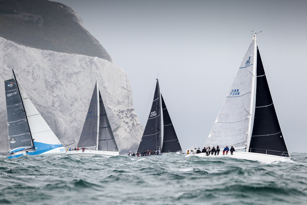 George David's Rambler 88 powers to windward, down the Solent at the start of the Royal Ocean Racing Club's Myth of Malham Race. Photo: RORC/Paul Wyeth