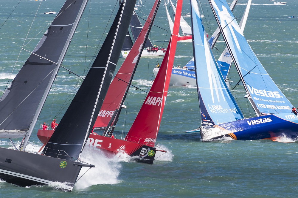 Volvo Ocean Race boats at the start of the 2017 Rolex Fastnet Race © Carlo Borlenghi