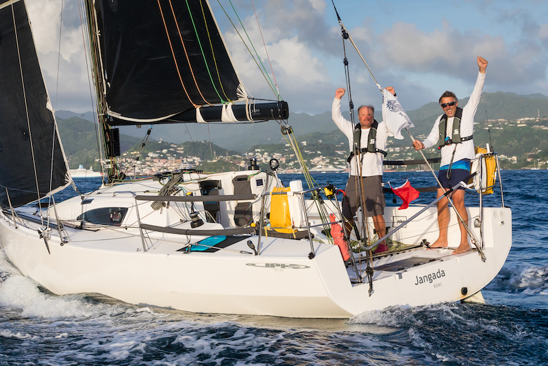 Richard Palmer and Jeremy Waitt celebrate crossing the finish of the 2019 RORC Transatlantic Race on board JPK 1010 Janganda © RORC/Arthur Daniel