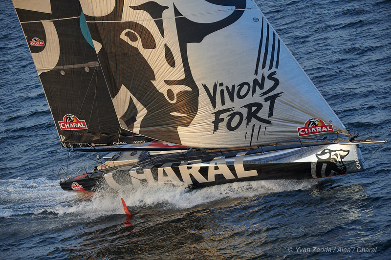 With the latest foiling technology, Jérémie Beyou's Charal will be one of 28 IMOCA 60s competing in this year's  Rolex Fastnet Race © Yvan Zedda /Alea/ Charal