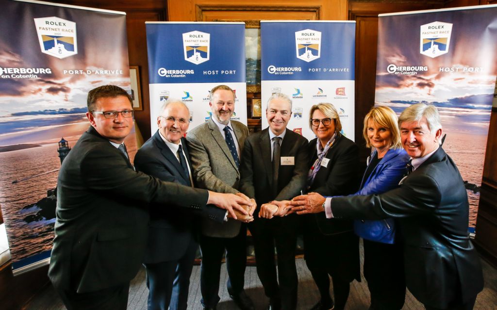 L to R: Benoît Arrive, Mayor of Cherbourg-en-Contentin, Marc Lefevre, Chairman of County Council of Manche, Steven Anderson, RORC Commodore, Jean-Louis Valentin - Chairman of Urban Community of Cotentin, Isabelle Vandenberghe, Elected Member of Regional Council of Normandy, Geneviève Gosselin-Fleury – Chairman -Tourism of Cotentin, Eddie Warden Owen (RORC CEO) © Paul Wyeth/RORC