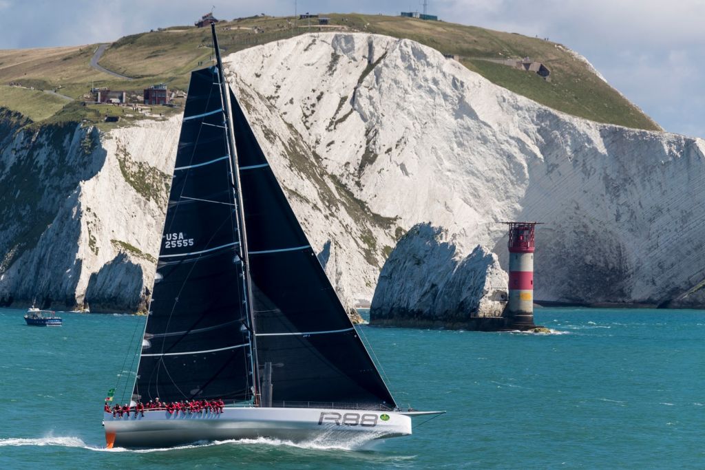Competing in his 5th Rolex Fastnet Race, George David's Rambler 88 passes the Needles at the Western end of the Solent - one of a number of landmarks on the 605nm course ©Rolex/ Carlo Borlenghi