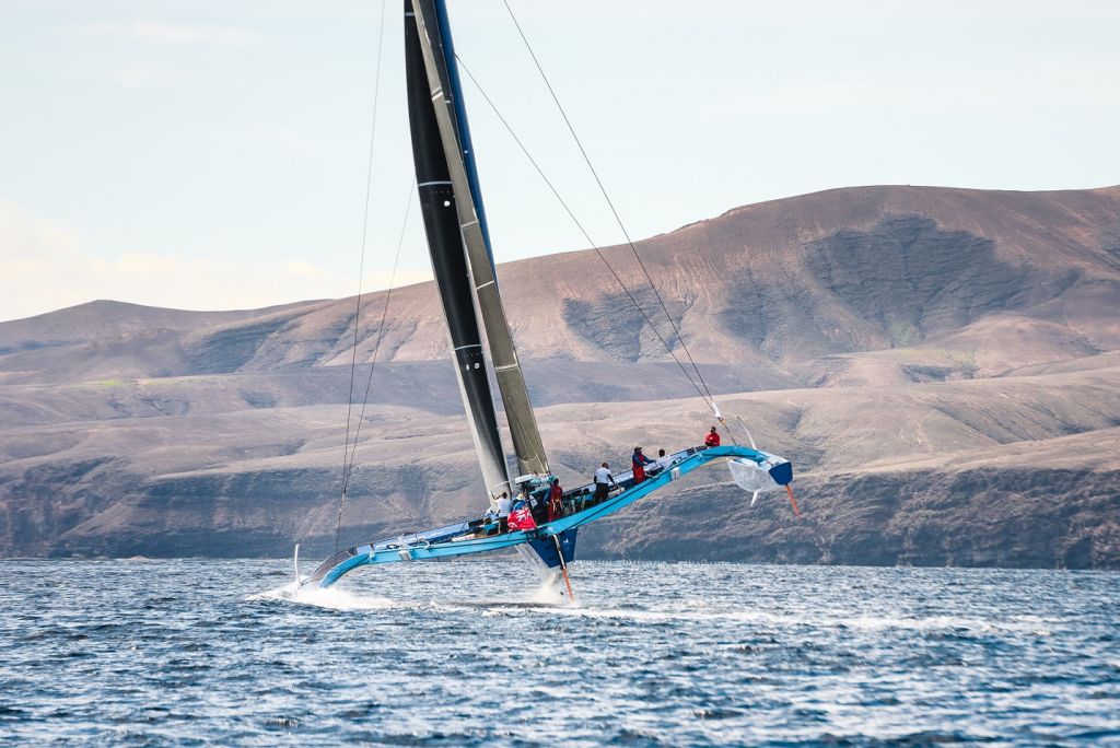 Powerplay, a superfast MOD70 hits the throttle shortly after the start in Lanzarote © James Mitchell