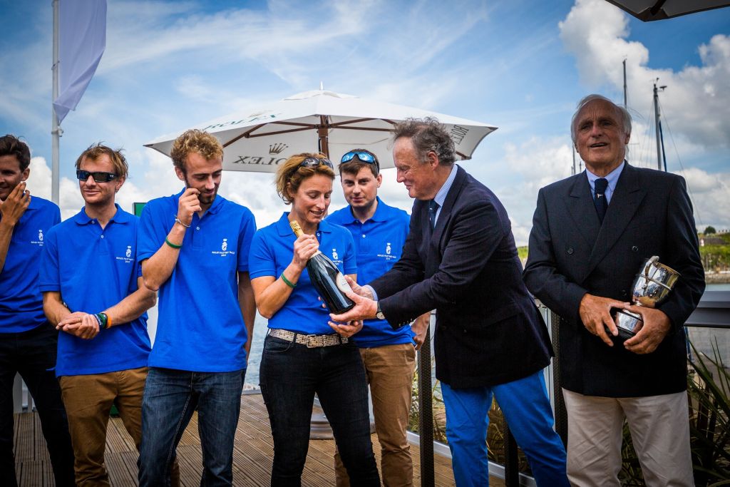 Corinne Migraine and Father Gilles Fournier collect prizes for Pintia's IRC Two victory in the 2017 Rolex Fastnet Race © ELWJ Photos/RORC