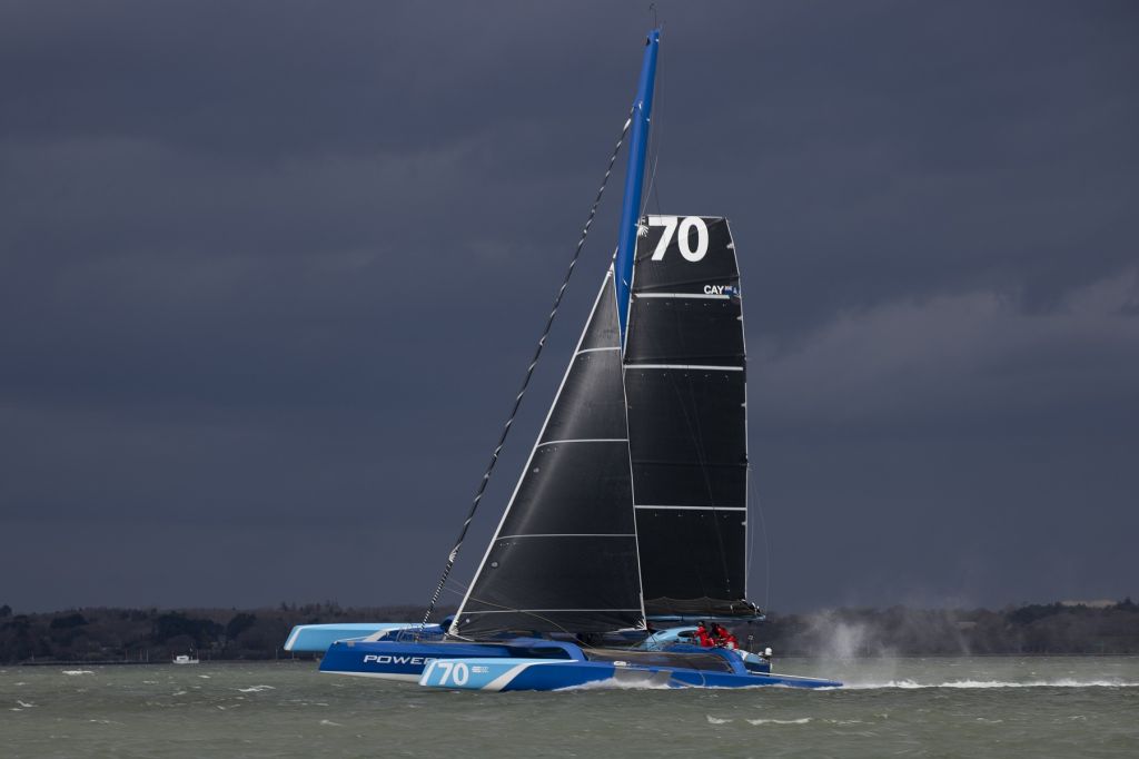 MOD 70 PowerPlay led by Peter Cunningham starts the world record attempt for the Fastnet Course © Lloyd Images
