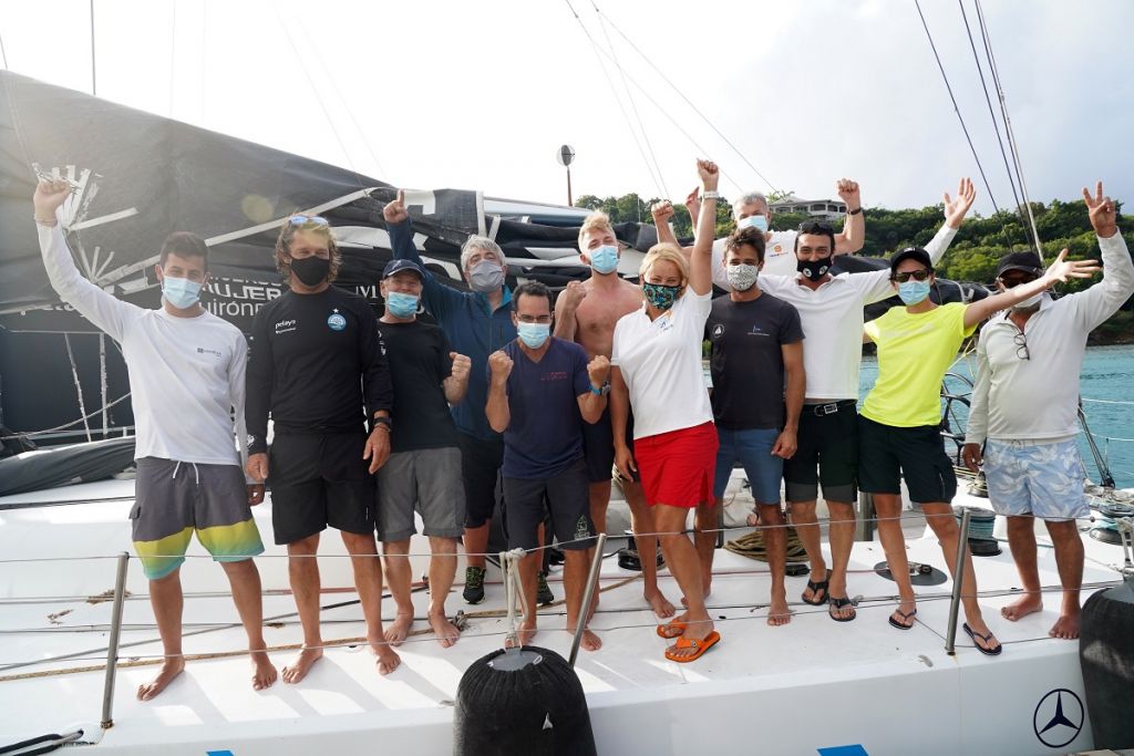 Monohull Line Honours: Johannes Schwarz’s Volvo 70 Green Dragon: Kees Bos, Alexis Duvernoy, Jonathan Florent, Florian Guezennec, Jens Lindner, Angel Lingorski, Jorge Lorenzo Roman, Elena Malakhatka, Peter Marchal, August Ruckman, Johannes Schwarz (Skipper), Anton Tajiev, Ada Westerinen. © Ed Gifford/RORC