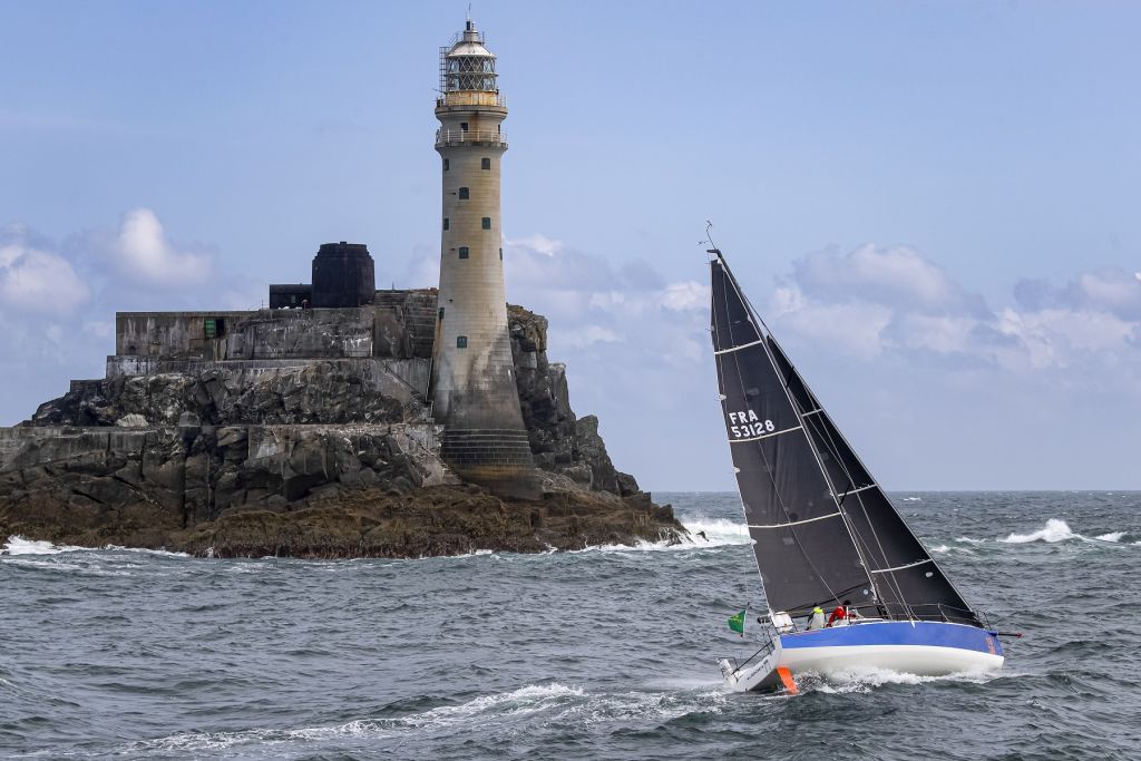Rounding the Fastnet Rock: Cherbourg-based Alexis Loison and Jean Pierre Kelbert on JPK 10.30 Léon - back this year to defend their Two Handed title © Carlo Borlenghi/ROLEX