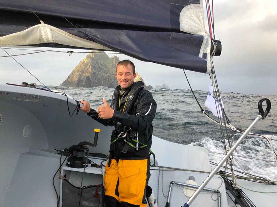 A memorable moment for all crews. Sam Goodchild rounds the most northerly point of the Sevenstar Round Britain and Ireland Race course - Out Stack at Muckle Flugga © Phor-ty/Class40 