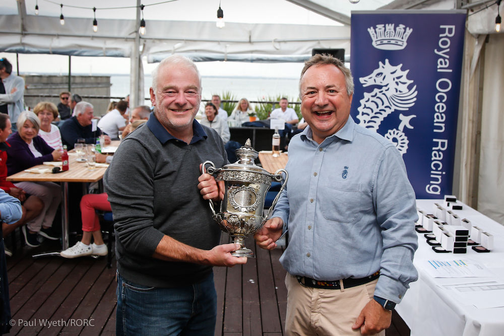 Tala’s David Collins presented with the Loujaine Trophy by RORC Commodore James Neville. © RORC/Paul Wyeth 