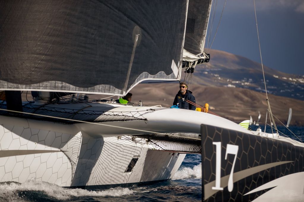 Oren Nataf’s Multi50 Trimaran Rayon Vert, skippered by Alex Pella is halfway and leading the fleet in the RORC Transatlantic Race © James Mitchell/RORC