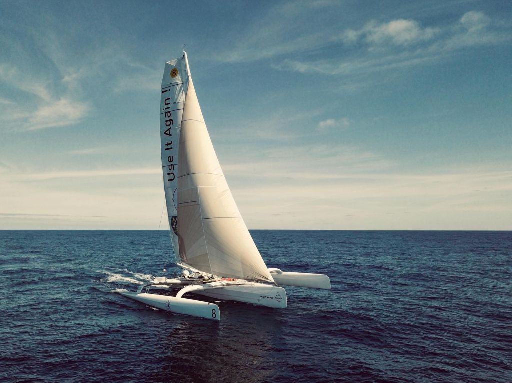 Romain Pilliard is using Dame Ellen MacArthur's ex-trimaran to promote circular economy and ocean protection on Use it Again! © Imbaud Verhaegen 