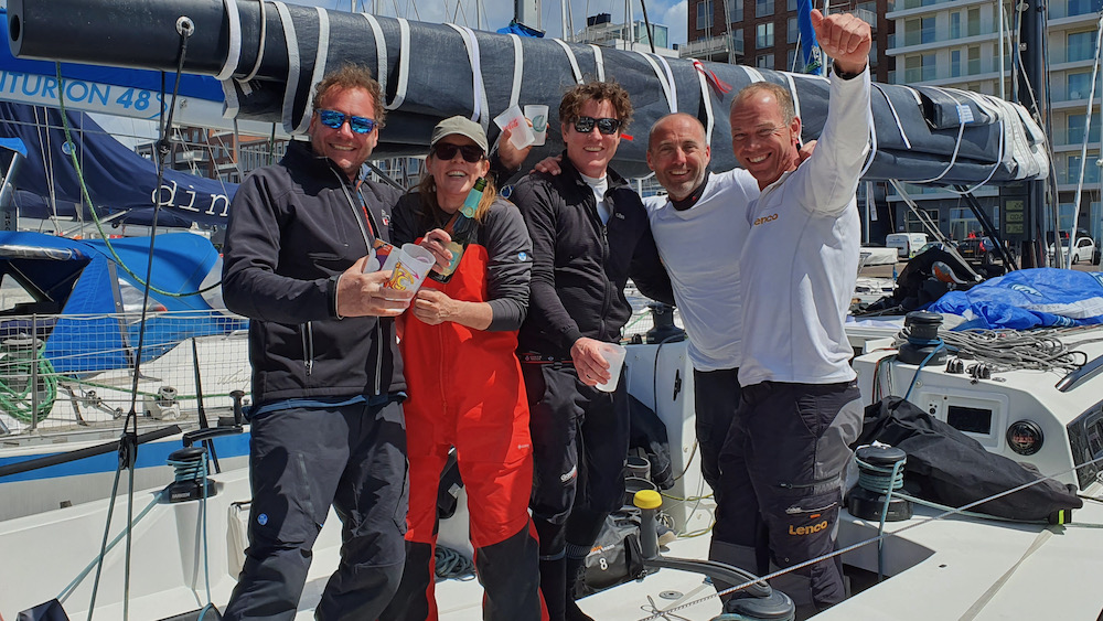 The victorious Il Corvo team celebrate at the the Yacht Club Scheveningen © Tim Thubron/RORC