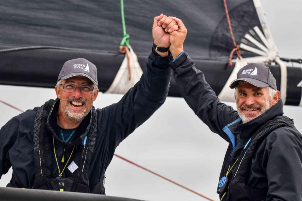 Richard Palmer and Rupert Holmes celebrate after completing the non-stop race © James Tomlinson/RORC