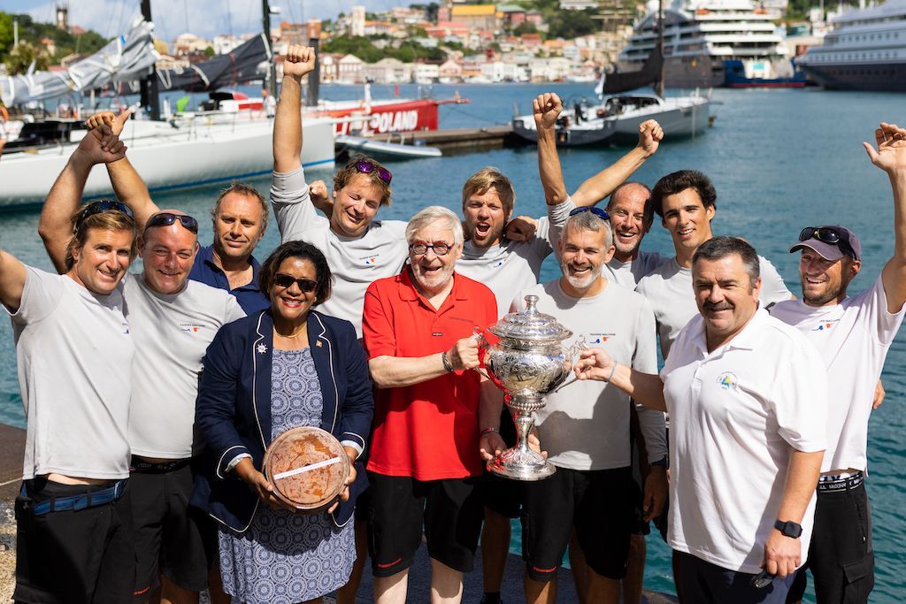 2023 RORC Transatlantic Race Trophy IRC Overall Winner - Eric de Turckheim's NMYD 54 Teasing Machine (FRA) with Nikoyan Roberts, Grenada Tourism Authority and Steve Cole, RORC Racing Manager © Arthur Daniel